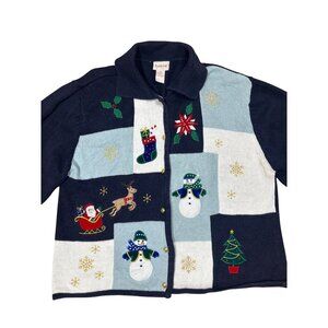 Vintage Crystal Kobe Cardigan Sweater XL Christmas Snowman Navy Blue Long Sleeve